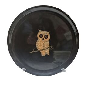 Couroc Of Monterey MCM Inlaid Owl Round Plate/Tray /Wall Decor 10.5"